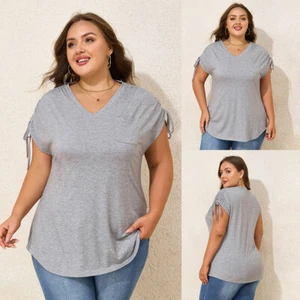 Plus Size Women Solid V-Neck Drawstring T Shirts Ladies Casual Short Sleeve Tops - Picture 1 of 17