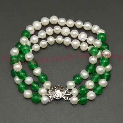 Hermoso Brazalete 3 Filas Natural Mar del Sur 7-8mm Blanco Perla Verde Jade 7.5" Foto 1 de 4