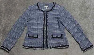 Charter Club Blazer Jacket Women's Medium Blue Black Fringe Long Sleeve Pockets - Picture 1 of 7