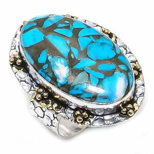 Copper Blue Turquoise 925 Sterling Silver Two Tone Jewelry Ring Size 11 p983
