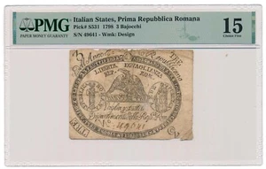 ITALIAN STATES (REPUBLICA ROMANA) banknote 3 Bajocchi 1798 PMG F 15 Choice Fine - Picture 1 of 7