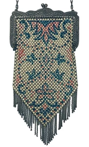 1920s MANDALIAN Flapper Evening Purse Enameled Mesh Pastel Colors Bag Fringe - Picture 1 of 16