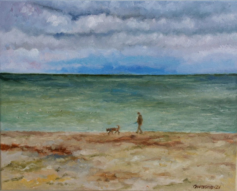 Dog Man Beach Seascape Original Oil Painting canvas 20x16 Hand Painted YSArt - Image 1 of 4