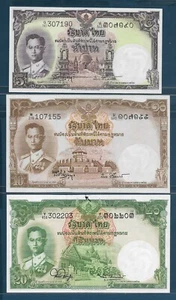 Thailand 5 10 20 Baht 3Pcs Lot, 1956 1953, P 75d 76d 77d, UNC / UNC- / UNC stain - Picture 1 of 2
