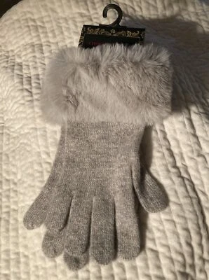 Christian Siriano New York 100% 2-Ply Cashmere Soft Gray Gloves w/Faux Fur Cuff  - Image 1 of 4