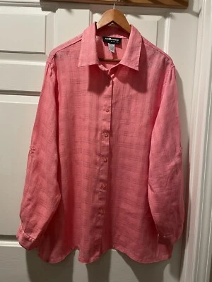 Sag Harbor Roll Tab Button Up Sheer Blouse Top 2X Pink Salmon 100% Linen Flawed - Image 1 of 4