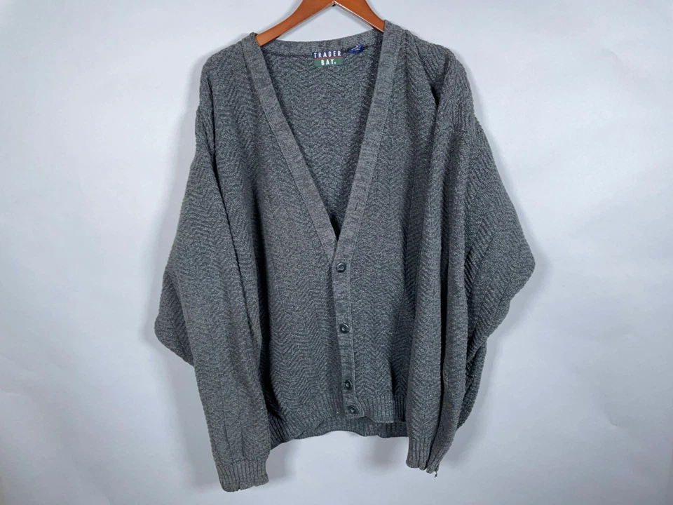 VTG 90s Textured Cotton Cardigan Adult XL Tall Gray Heavyweight Knit USA Made - Image 1 of 4