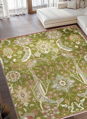 Alfombra de lana suave anudada a mano Hank tejida Pavonia Olivara verde pavo real jardín Foto 1 de 4