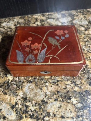 Vintage Antique Japanese  Lacquer Wooden  Jewelry Trinket Box Lined 5x6” - Image 1 of 4