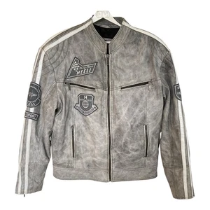 Retro 90s Heeli Real Leather Biker Race Jacket Men Sz L Motorbike Patches Grey - Picture 1 of 24