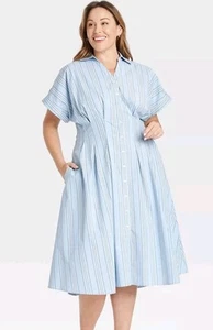 Women's Short Sleeve Pleated Midi Shirtdress - Ava & Viv Blue Pin 1X - Picture 1 of 3