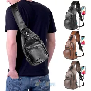 Men's Leather Chest Sling Packs Shoulder Cross Body Bag Cycle Day Packs Satchel - Picture 1 of 20
