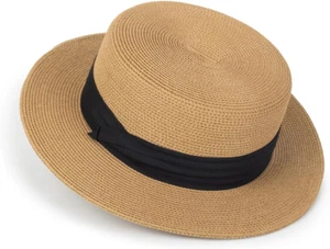 Wide Brim Straw Beach Sun Hat - Unisex Fedora Panama Derby Pork-Pie Hat - Picture 1 of 12