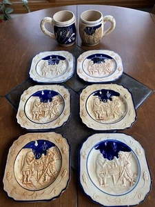 Vintage Japanese Majolica Pottery 3D Raised Design 6 Plates & 2 Mugs - Picture 1 of 12