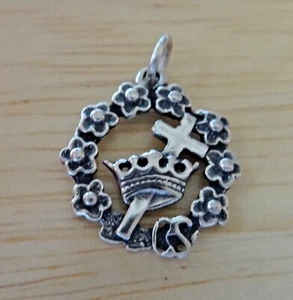 Sterling Silver 18x15mm Easter Religious Crown in Circle of Flowers Charm - Picture 1 of 3
