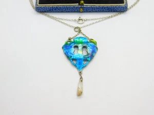 Victorian Art Nouveau Sterling Silver & Blue-Green Enamel Pearl Drop Pendant - Picture 1 of 7