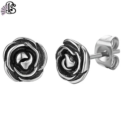 2pcs Vintage Rose Flower Charm Stainless Steel Piercing Stud Earrings Screw Back - Image 1 of 4