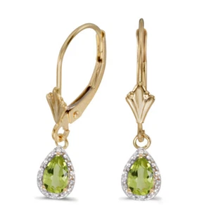 10k Yellow Gold Pear Peridot And Diamond Leverback Earrings - Picture 1 of 3
