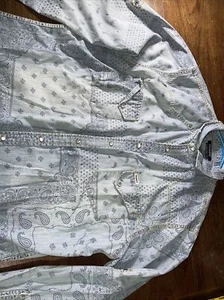Denim Button Down Pearl snap Cowboy Western Jean Bandanna All Over Print Shirt - Picture 1 of 7