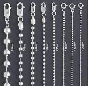 925 Solid Sterling Silver Bead Ball Chain Necklace/All Sizes 925 ITALIAN Made - Picture 1 of 17