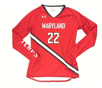 Under Armour Maryland Terrapins 排球球衣 LS 红色衬衫女式小号 — 第 1/2 张图片