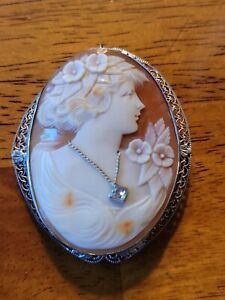 14K White Gild Carved Designed Cameo with Diamond Necklace Pendent Pin