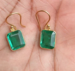 14k Solid Gold Lab-Created Colombian Emerald Gemstone Handmade Beautiful Earring - Picture 1 of 5