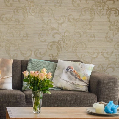 Victorian Brass damask Taupe Tan Gold metallic faux grasscloth texture wallpaper - Image 1 of 4