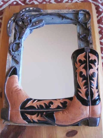 Hand crafted Boots & Barbed Wire Western Mirror Old Barn Wood Horseshoes Cover