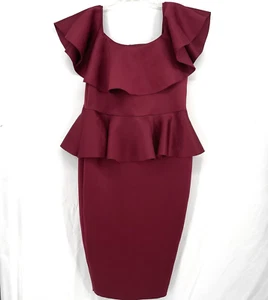 Fashion Nova Ruffle Scuba Dress Size 2X Maroon Ruffle Neck USA Made Stretch - Picture 1 of 6