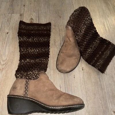 UGG Australia 靴子 针织 及膝 棕色 皮革 坡跟靴 女式 尺码 11 鞋 — 第 1/4 张图片