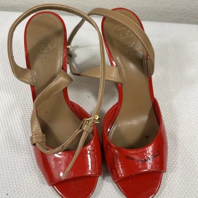 Tory Burch Red Patent Leather Cork Wedge Ankle Strap Peep Toe Sandals size 7 M - Image 1 of 4