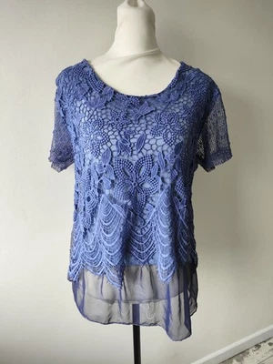 Blusa Top Damas Talla 12 14 Azul Verano Floral Informal Crochet Manga Corta Malla Foto 1 de 4