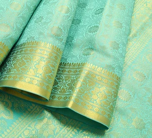 Sari indiano verde acqua Sari Banarasi arte seta con camicetta oro tessitura zari - Foto 1 di 14