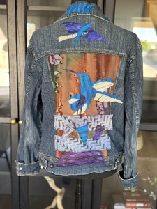 St Johns Bay Jacket Women's Large Denim Hand Painted Hummingbird Art Patchwork - Picture 1 of 12