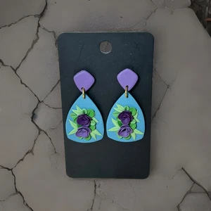 Handmade Polymer Clay Earrings Vintage Look, Flowers, Purple/Blue.   #EAR207 - Picture 1 of 2