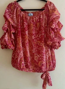 Blusa CeCe Rosa Paisley Estampado Floral Manga Volantes Cintura Corbata Talla L - Imagen 1 de 8