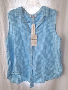 Nuovo con etichetta! Camicetta di lino senza maniche Tommy Bahama donna blu sud Gingham XL - Foto 1 di 4