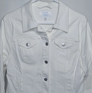Chaqueta vaquera elástica blanca Time and Tru para mujer talla L 12-14 manga larga cierre a presión - Imagen 1 de 9