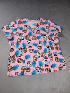 Disney Scrub Top Woman 2X Double XL XXL Pink Minnie Mouse Hawaiian Tropical - Picture 1 of 14