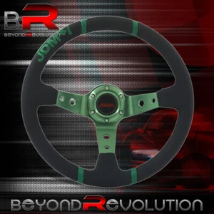 Universal 3 Spokes 350mm Black PVC Leather Green Aluminum Steering Wheel - Picture 1 of 4