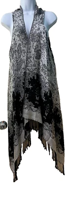 Chaleco Pashmina Abierto Sin Mangas Mujer M Tejido Flecos Maxi Reversible Negro Plata Foto 1 de 4