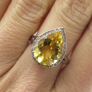 DSMK 925 Sterling Silver White Diamond & Pear-Cut Citrine Gem Ring Size 7.25 - Picture 1 of 8