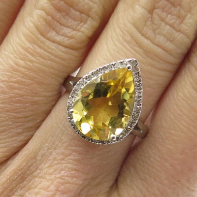 DSMK 925 Sterling Silver White Diamond & Pear-Cut Citrine Gem Ring Size 7.25 - Image 1 of 4