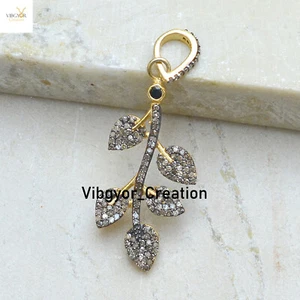 Pave Diamond Leaf Charm 925 Sterling Silver Pendant Gold Vermeil Birthday Gift - Picture 1 of 3
