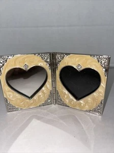 Double Picture Frame Enamel Heart Metal Crystal Rhinestones Holds 2- 2x2” Photos - Picture 1 of 11