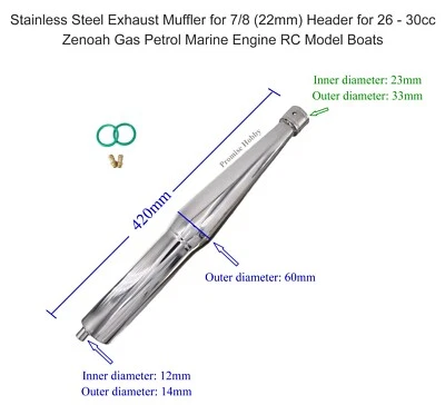 Stainless Steel Exhaust Muffler Pipe for 7/8 Header 26-30CC Gas Engine RC Boat - Image 1 of 3
