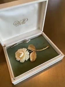 Vintage Wells 14k Gold Filled White Rose Flower Brooch Pin In Original Box - Picture 1 of 12