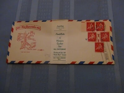 US # C 38 5 C Airmail Set Of 5 Pent Arts Cachet Unaddressed  FDC W/Label  #10  - Image 1 of 4