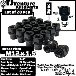 20Pc Black M12x1.5 Acorn Open ET Lug Nut 3/4" Hex Fit Jaguar Model Cone Wheels - Picture 1 of 3
